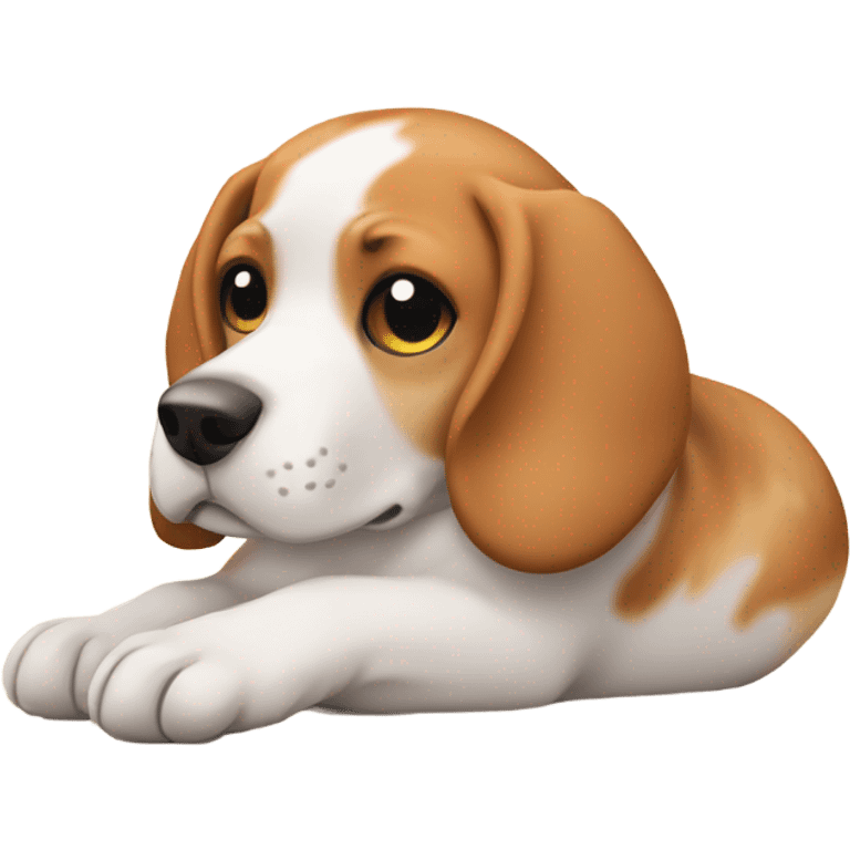 a beagle laying down in a cinnamon roll position emoji