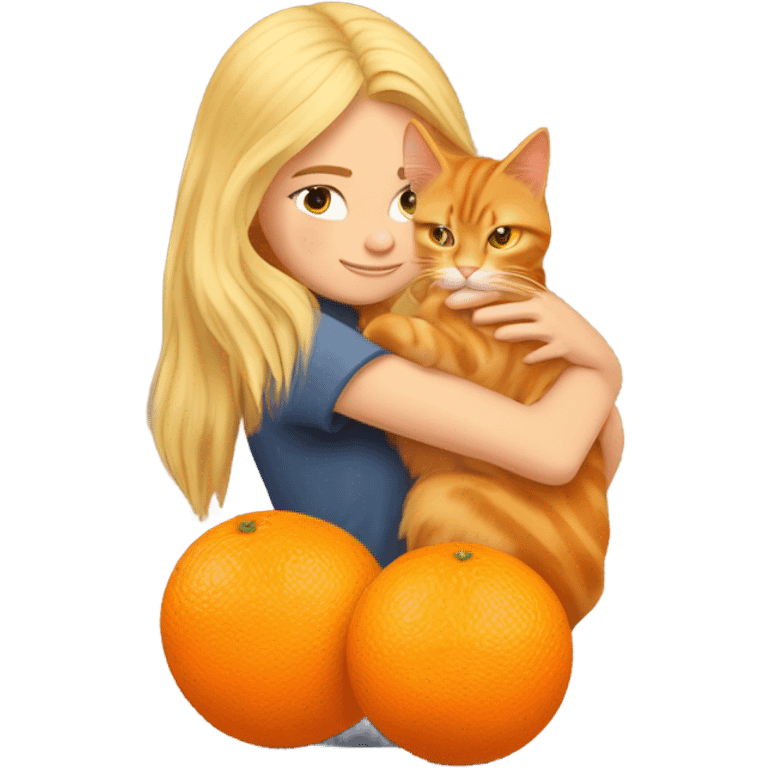 Blonde girl hugging her orange maine coon with a heart around them emoji