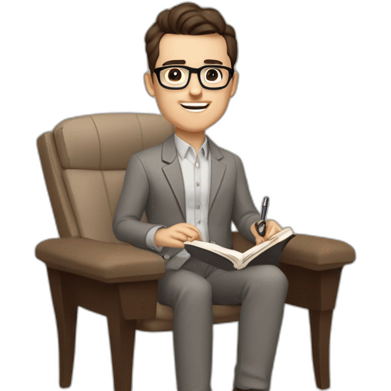 Pale skinned Fit Man With dark brown hair in gray jacket, beige office shirt, Brown pants and vintage glasses sitting In a soft chair with a notebook on spring with emblem Ψ and a pen emoji