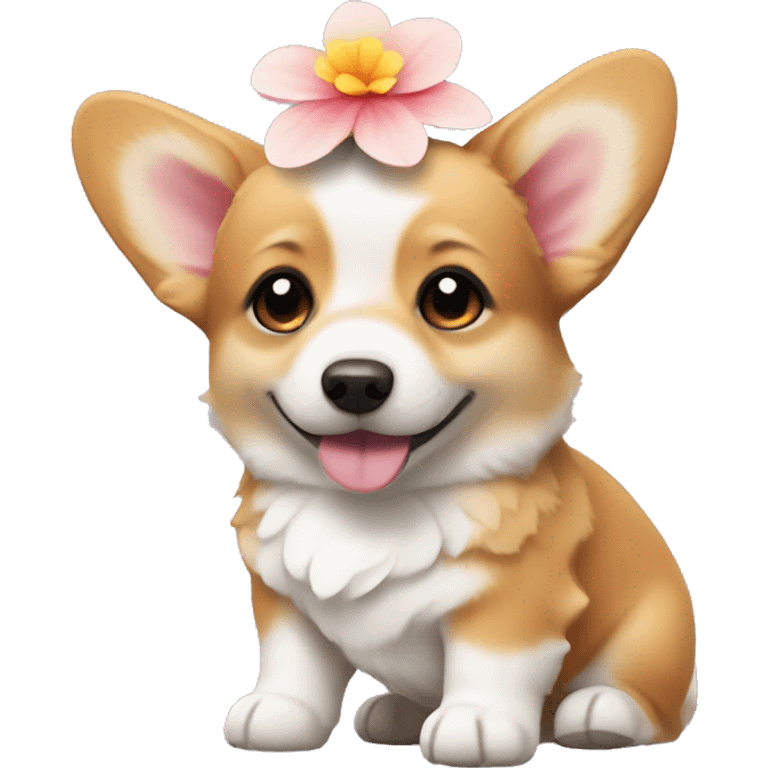 Cute small corgi puppy with a flower on its head emoji