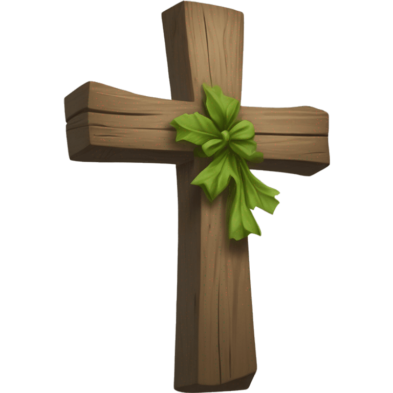 A rustic wooden cross with unevenly draped light-colored cloth, longer on the right side. Behind it, a subtle wreath of green leaves adds depth. The design is simple and symbolic. emoji