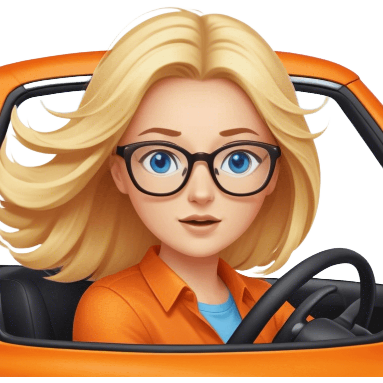 Cinematic realistic blonde with blue eyes and glasses, driving an orange car, her hair fluttering slightly in the wind emoji