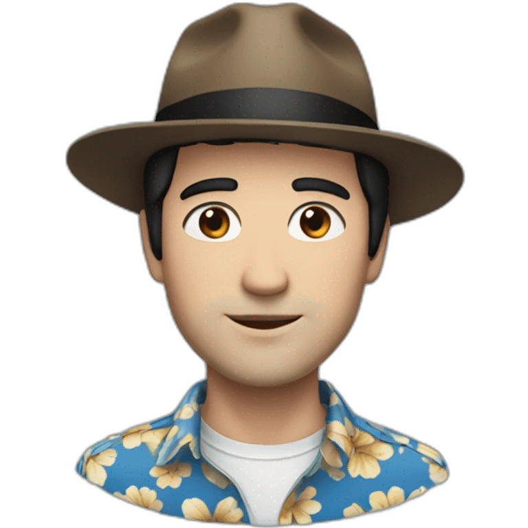 White Man with black hair, strip blue flowered shirt, brown hat emoji