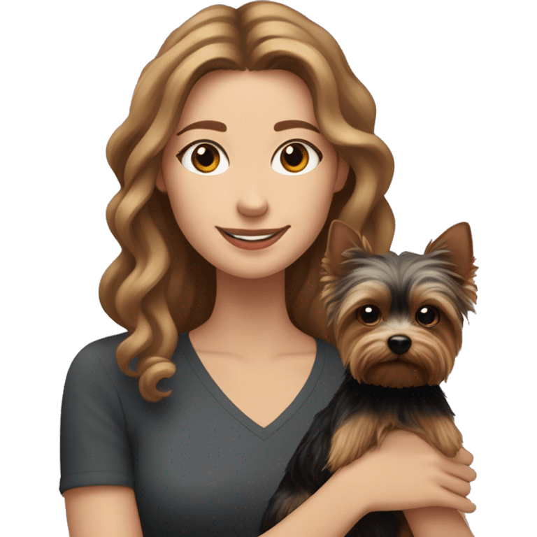 White woman with curly long brown hair holds on her hands Black Yorkshire terrier with light brown Muzzle and paws emoji