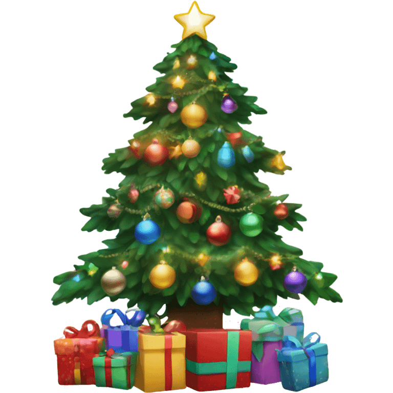 Christmas Tree with bright multicolored lights, ornaments, and presents underneath emoji