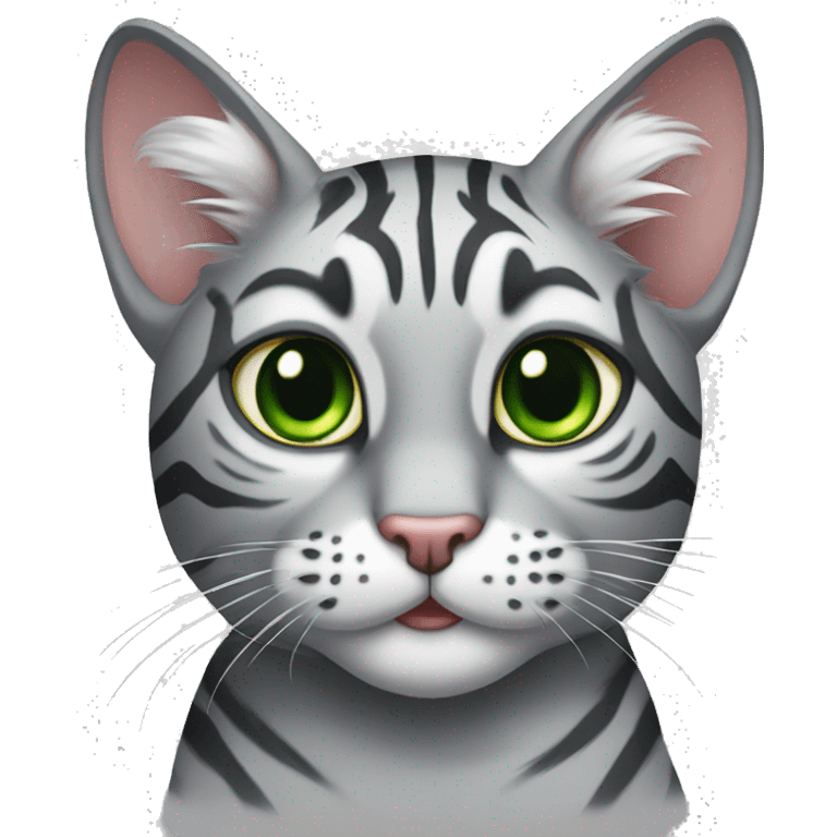 grey tiger tabby cat with green eyes and one ear cut off at the top emoji