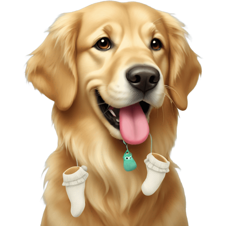 Golden retriever with sock dangling from mouth emoji