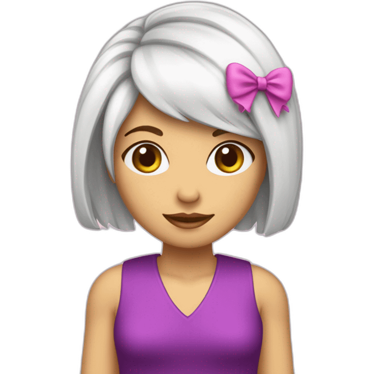 mulher branca cabelo curto e franja rosa com laço roxo na cabeça emoji