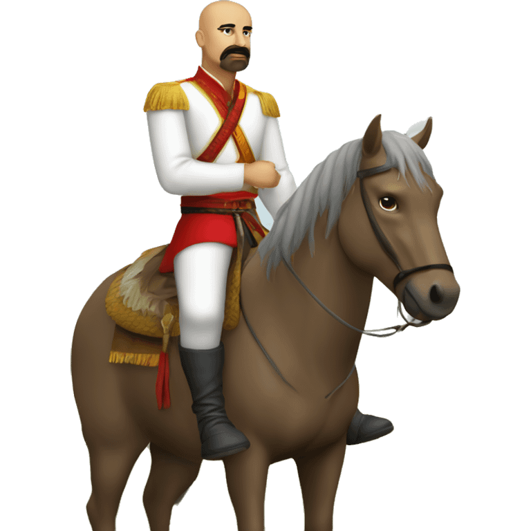 a Cossack warrior sitting on a horse in a field. The Cossack has a shaved head and a long strand of hair on one side. He has a thick, curved mustache and wears a gold earring in his left ear. He is wearing a simple white shirt and red pants emoji