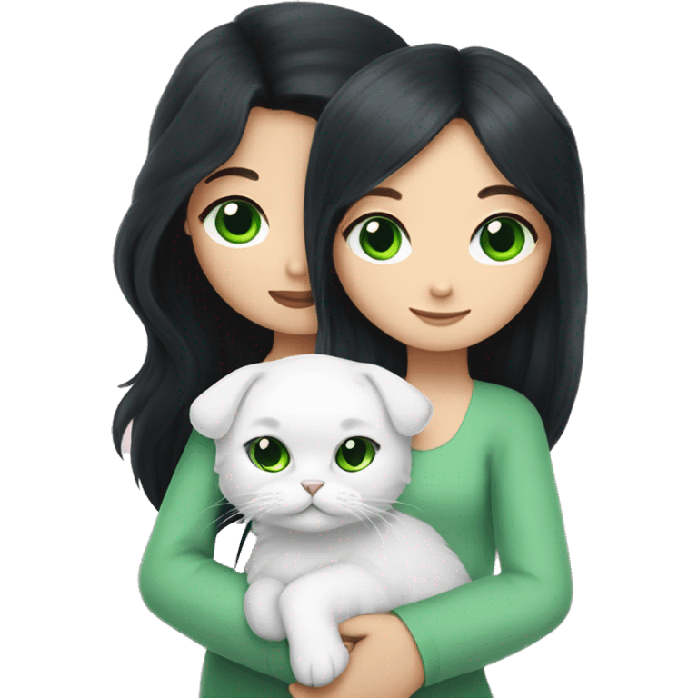 girl with very long black hair and green eyes and light pink outfit hugging a white scottish fold long hair blue eyes cat  emoji