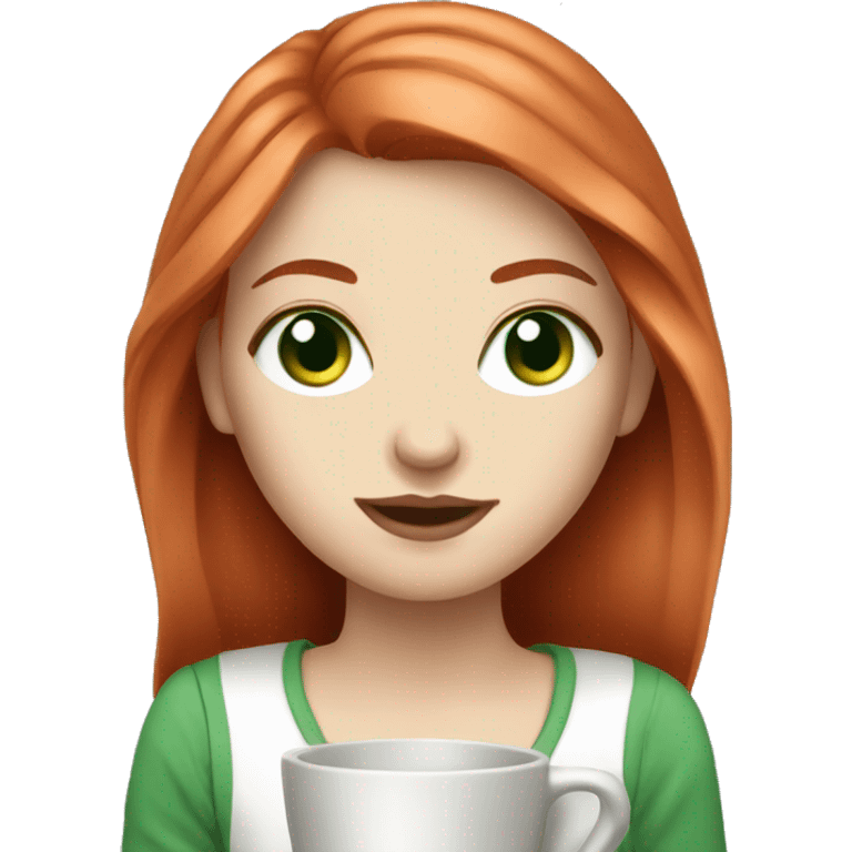 White girl long red hair with green eyes and coffee  emoji