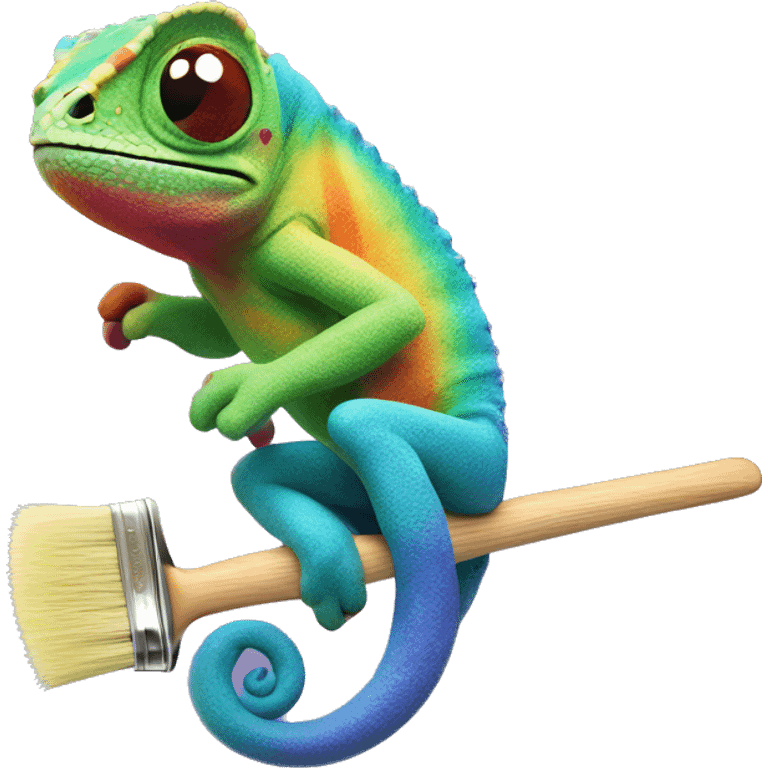 Rainbow Chameleon sits on a brush emoji