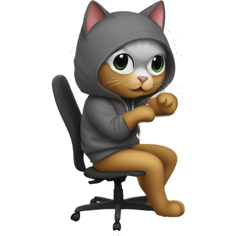 cat is a graphic designer in a hoodie and headphones, working at a computer in photoshop emoji