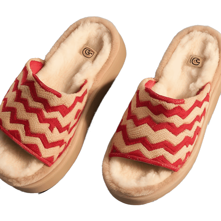 Camel slip-on slippers. red thin woven zig-zag line only encircling the top opening, and a chunky thick platform sole. “UGG” emoji