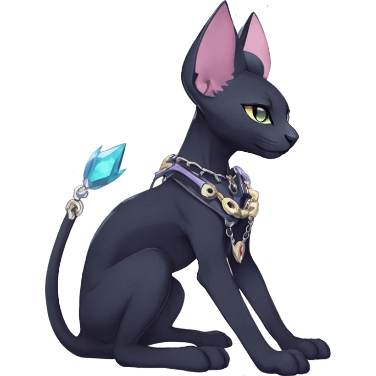 cool anthro punk kawaii edgy distinguished pretty elegant beautiful fantasy black ethereal nargacuga-Noivern-sphynx-Quiana-Fakemon collar harness chains necklace full body emoji