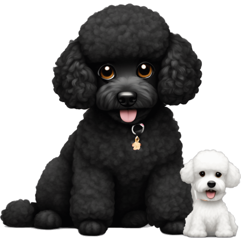 Mini black poodle sitting with mini white poodle emoji