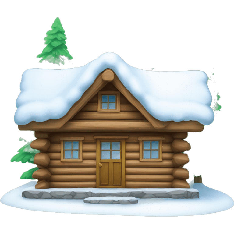 Log cabin in the snow with greenery hanging around door  emoji