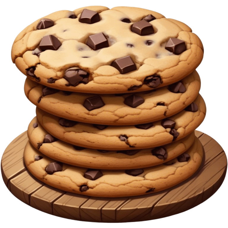 Cinematic crunchy chocolate chip cookies, freshly baked, golden-brown with gooey melted chocolate chunks, stacked on a rustic wooden plate, soft warm lighting, cozy and delicious. emoji