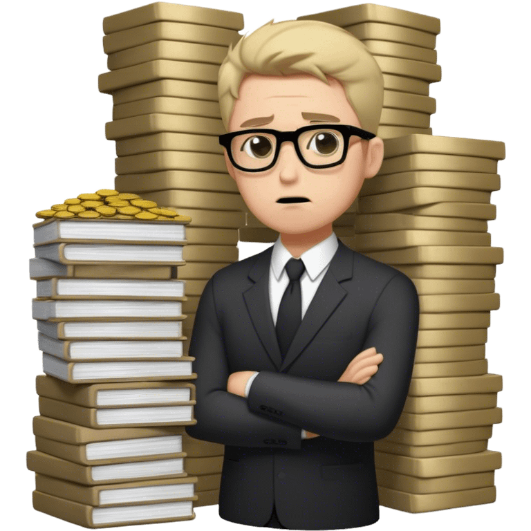 Create an emoji-style character of a sad business owner with black rectangular glasses and a light stubble (afternoon shadow beard, not a full beard). He looks frustrated and disappointed as he hands over a massive stack of work (papers, laptop, or files) in exchange for a tiny coin. His posture is slouched, and his facial expression conveys exhaustion and regret. The style should be simple, expressive, and instantly recognizable as an emoji. emoji