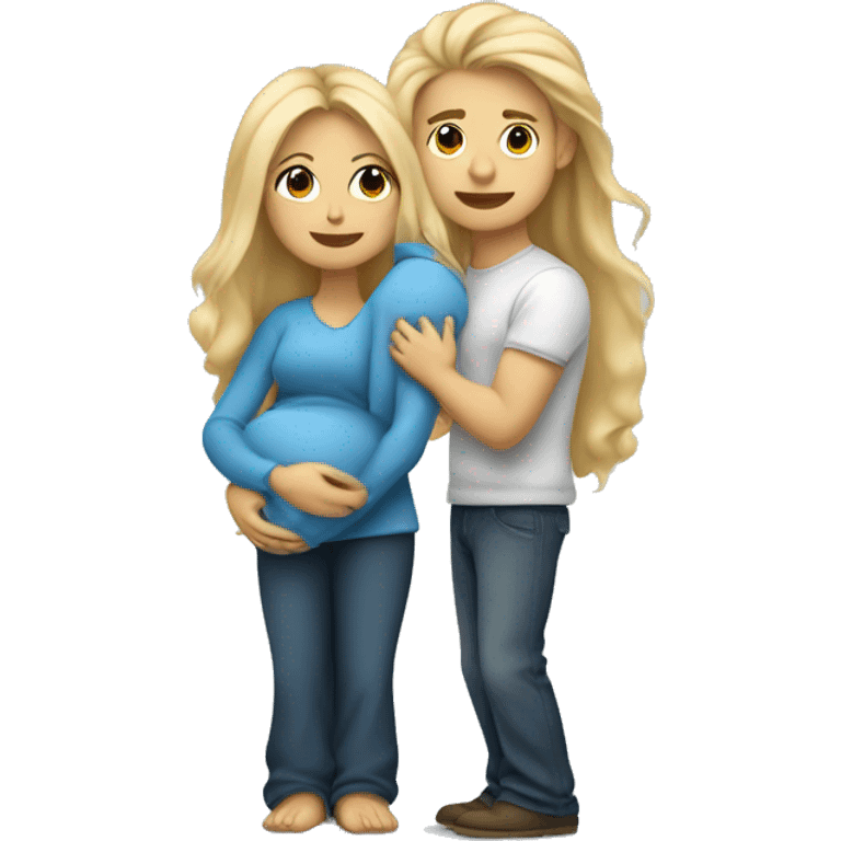 An emoji of a mother with long, flowing blonde hair standing confidently, next to her husband. In her arms, or in front of them, is a baby boy, representing a happy and loving family emoji