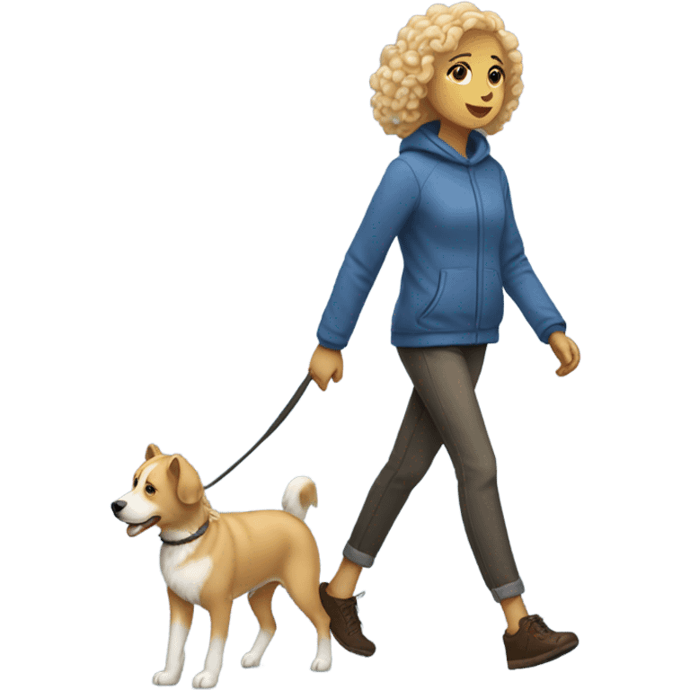 thin short woman with curly blond hair walking siberian dog emoji