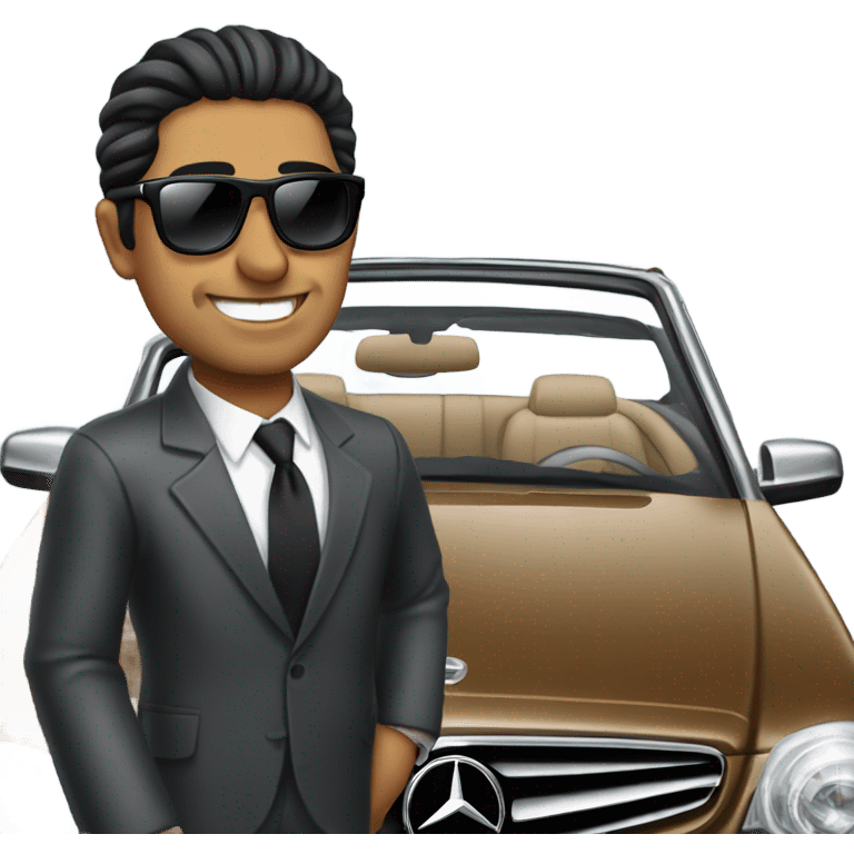 Latino Businessman with sunglasses standing in front of black Mercedes convertible emoji