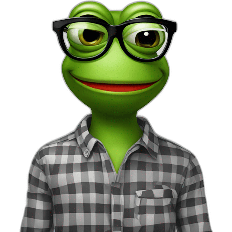 smiley face pepe the frog in black and red checkered shirt with square glasses for vision in cartoon style emoji