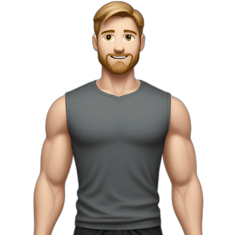 Full height realistic Actively gesturing with hands Pale skinned Fit Man With the biceps and brown hair in dark gray Sleeveless Mike, black oversize sports shorts, watch and white Sneakers emoji