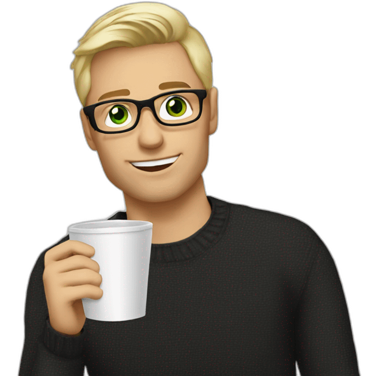 Blonde man green eyes in black jumper with clear glasses holding a white coffee cup emoji