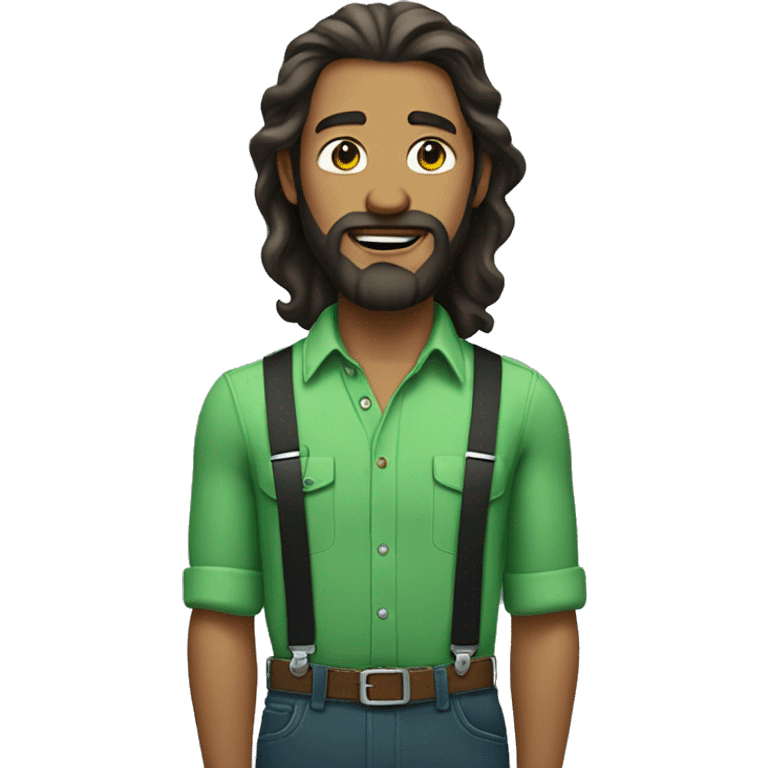 man with long hair and beard in green shirt and suspenders emoji