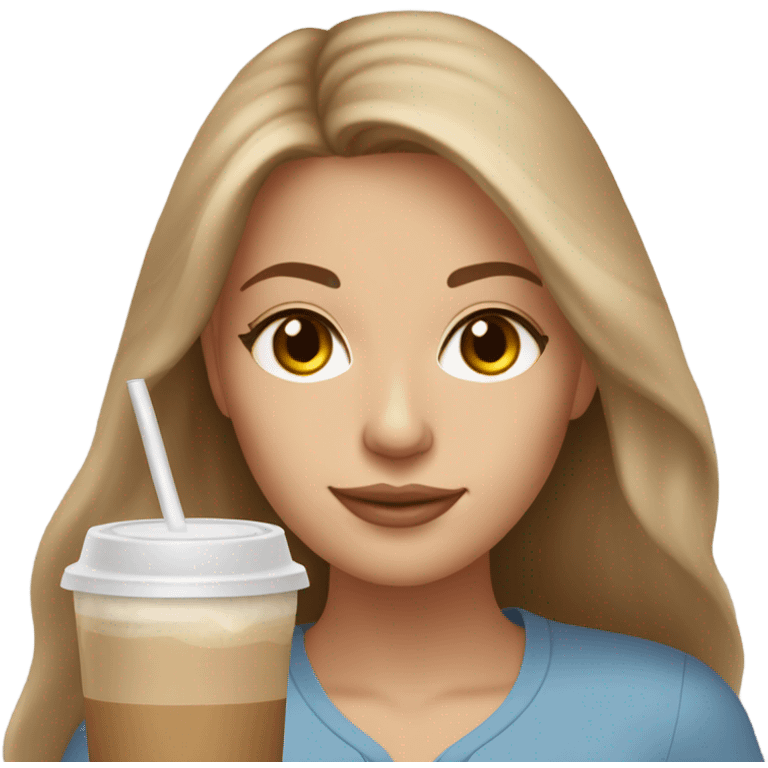 Beautiful white woman mom, long light brown hair, brown eyes, cozy holding an iced coffee emoji