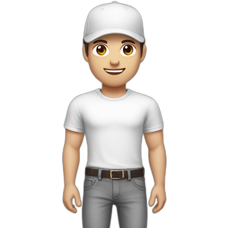 Pale skinned fit Man with dark brown hair in a white cap, gray jeans and gray polo T-shirt keeping a pasted with tape white box into his hands emoji