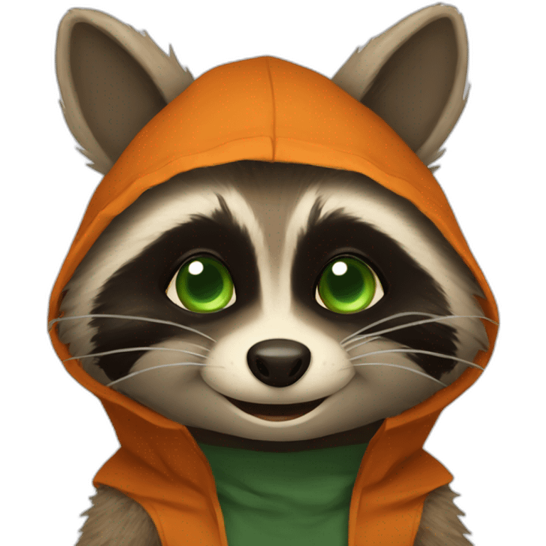 brown raccoon with orange eyes and a dark green hood that smile emoji