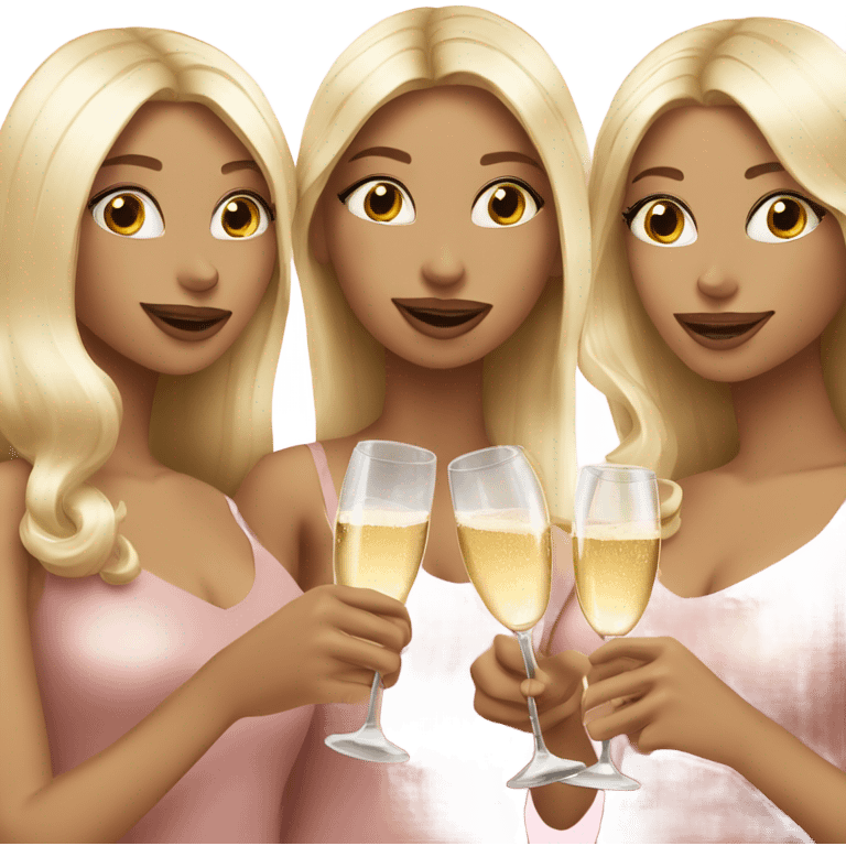 Three blonde long hair girls drinking champagne with rose gold outfits emoji