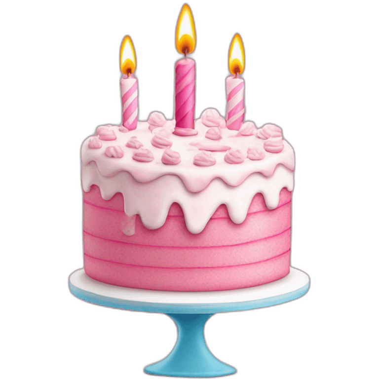 Pink and white birthday cake with a happy birthday card emoji