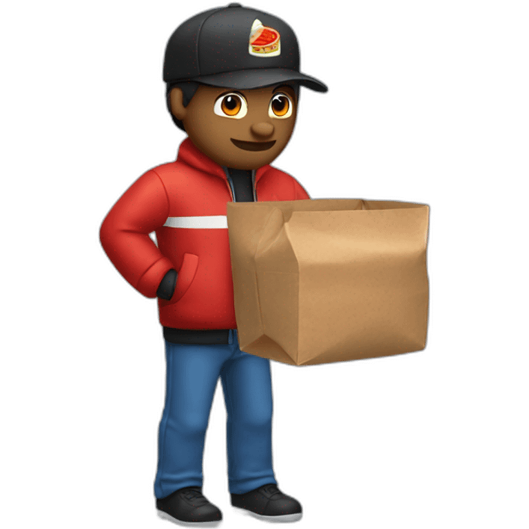 Pizza delivery guy, black hat, blue puff jacket and red pizza bag emoji