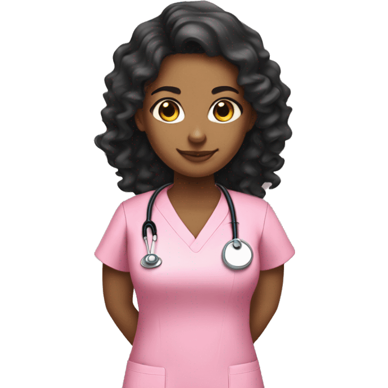 Light brown girl with long curly black hair wearing pink scrubs nurse emoji