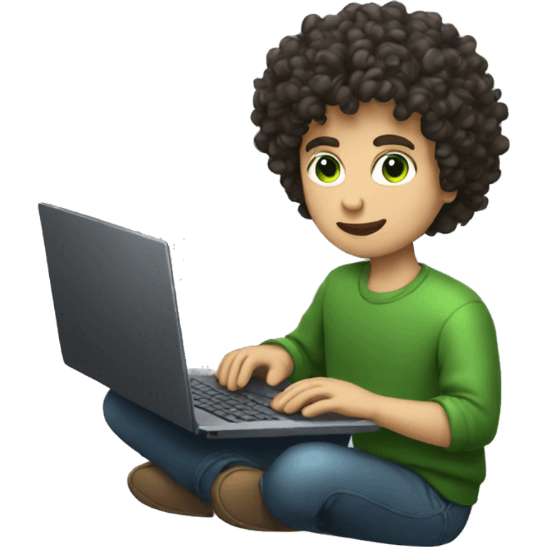 curly guy with dark hair and green eyes typing on a laptop emoji