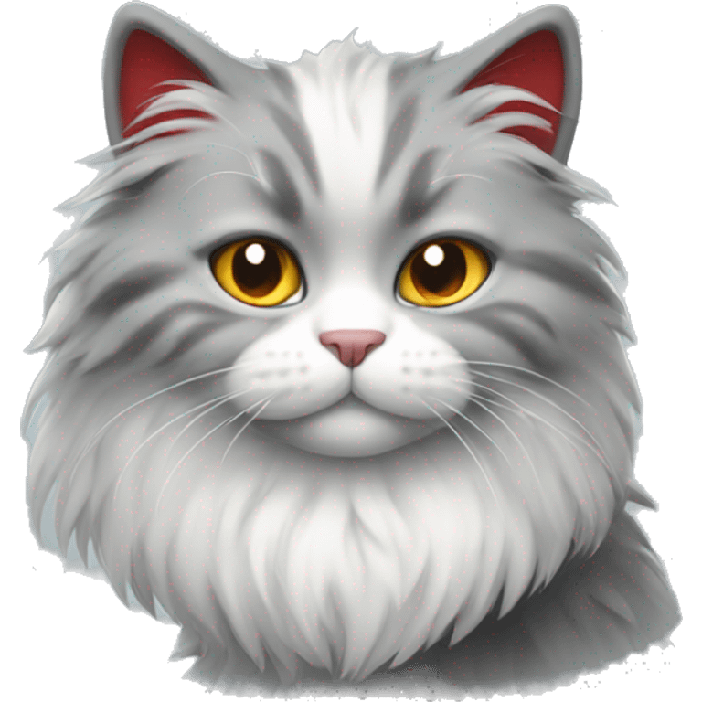 A fluffy grey white red cat emoji