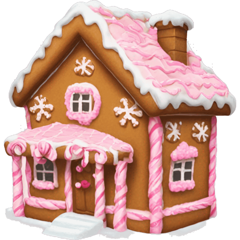 Gingerbread house with pink soft bows and lots of snow  emoji