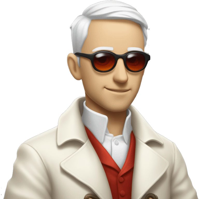 <excerpt>
A white man with real short hair, short mutton shops donning small red tinted sun glasses in a dirty white trench coat, is an alchemist.
</excerpt> emoji