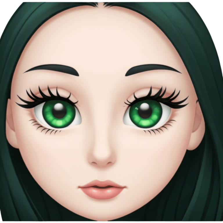 pale girl with long black hair and green eyes with long lashes  emoji