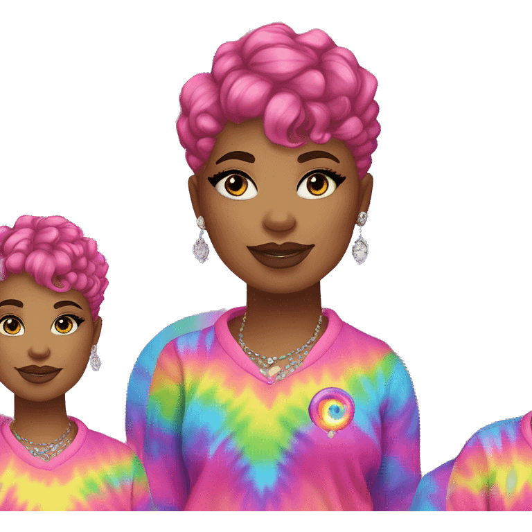 Plus size black woman with pink curly pixie cut hair and a rainbow tie dye sweater , and diamond stud earrings  emoji