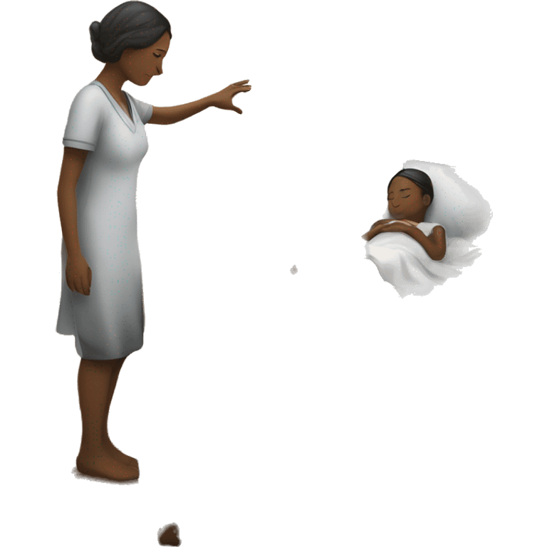 Woman Standing by the bed where a child is laying there and he hold here hands healing of here child emoji