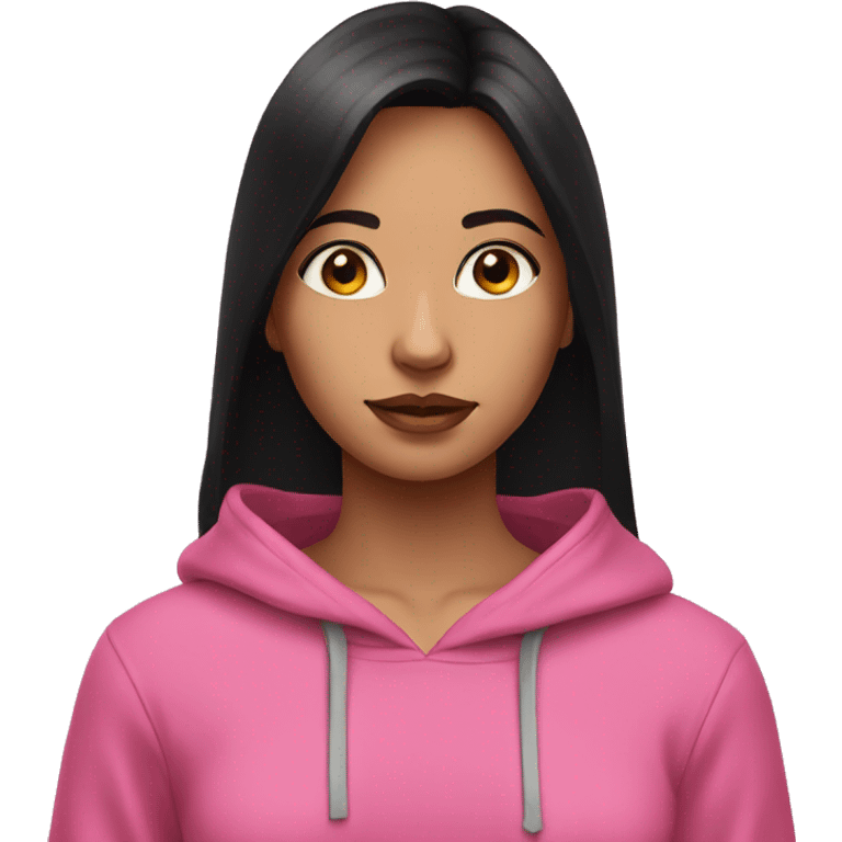 Have a long black hair  girl with intense gaze with pink hoodie  emoji