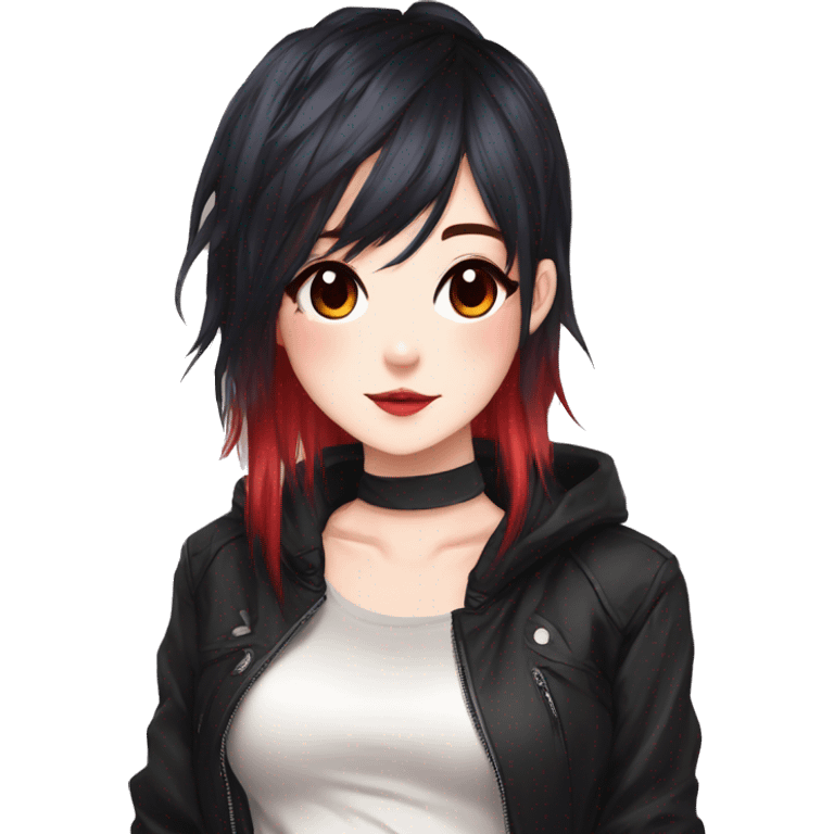 Gorgeous anime style lady with blushing face aesthetic and pretty edgy black red punk hair with hair garment trending style emoji