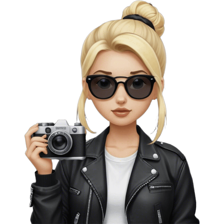 Blonde white girl with film camera wearing blackout sunglasses where you can’t see her eyes with a high bun. She’s wearing a white t shirt and a black baggy leather jacket. Givevh emoji