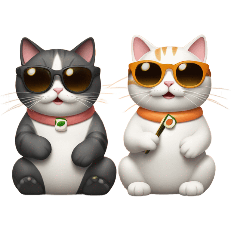 two cats wearing sunglasses and eating sushi emoji