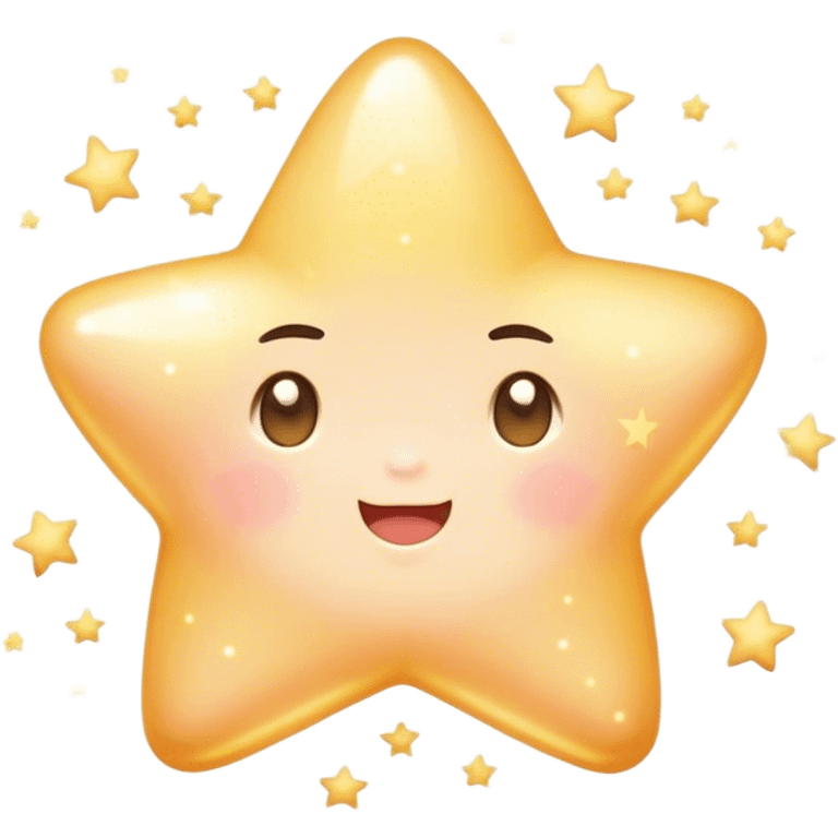 Cinematic cute sparkling star, chubby rounded edges, golden glow, tiny blushing cheeks, warm and gentle shine, twinkling softly in a pastel night sky. emoji