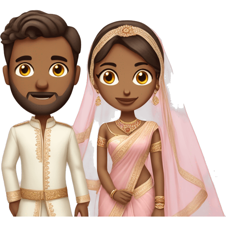 White western bride in saree without veil and tall brown indian groom in pale pink outfits  emoji